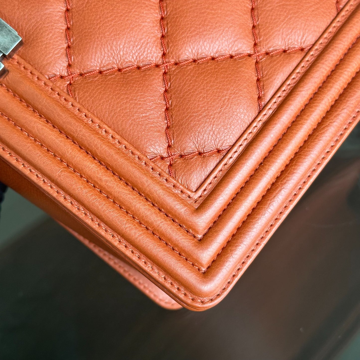 Boy Calfskin New Medium 28CM Quilted Orange Leboy RSHW No 18
