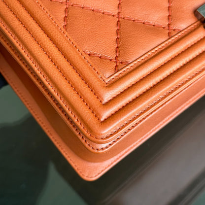 Boy Calfskin New Medium 28CM Quilted Orange Leboy RSHW No 18