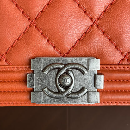 Boy Calfskin New Medium 28CM Quilted Orange Leboy RSHW No 18