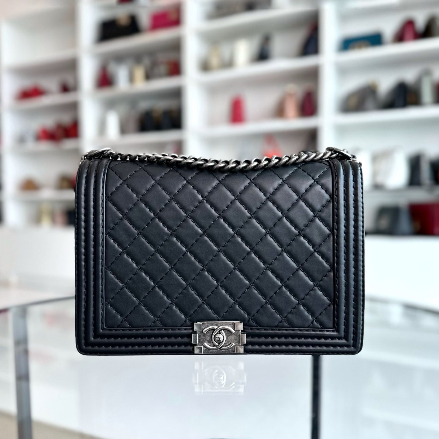 Boy Large Lambskin 30cm Quilted Leboy Black RSHW No 18