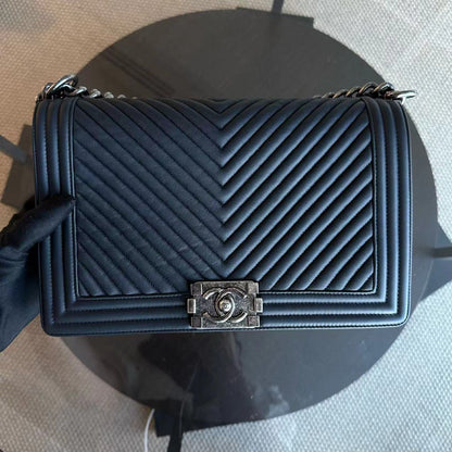 Boy New Medium 28CM Chevron Lambskin Dark Blue Leboy RSHW No 20