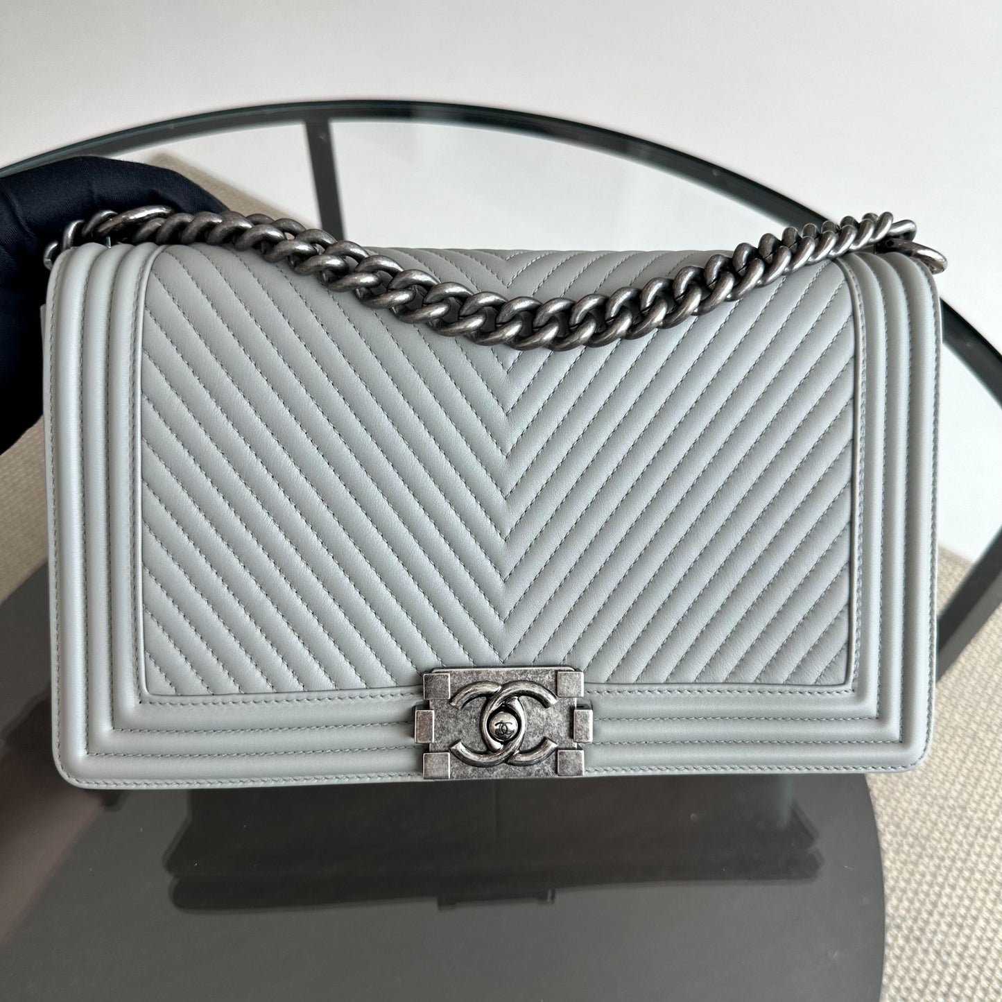 Boy New Medium 28CM Chevron Smooth Calfskin Gray Leboy RSHW No 20