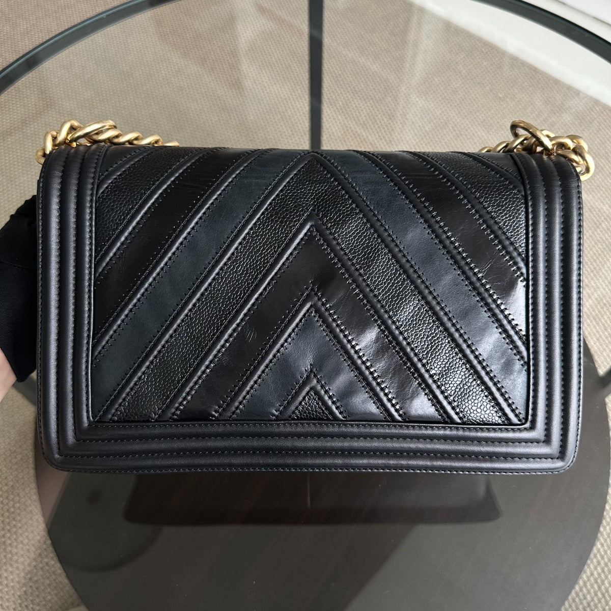 Boy New Medium 28CM Chevron Tri-skin Calfskin Black GHW No 22