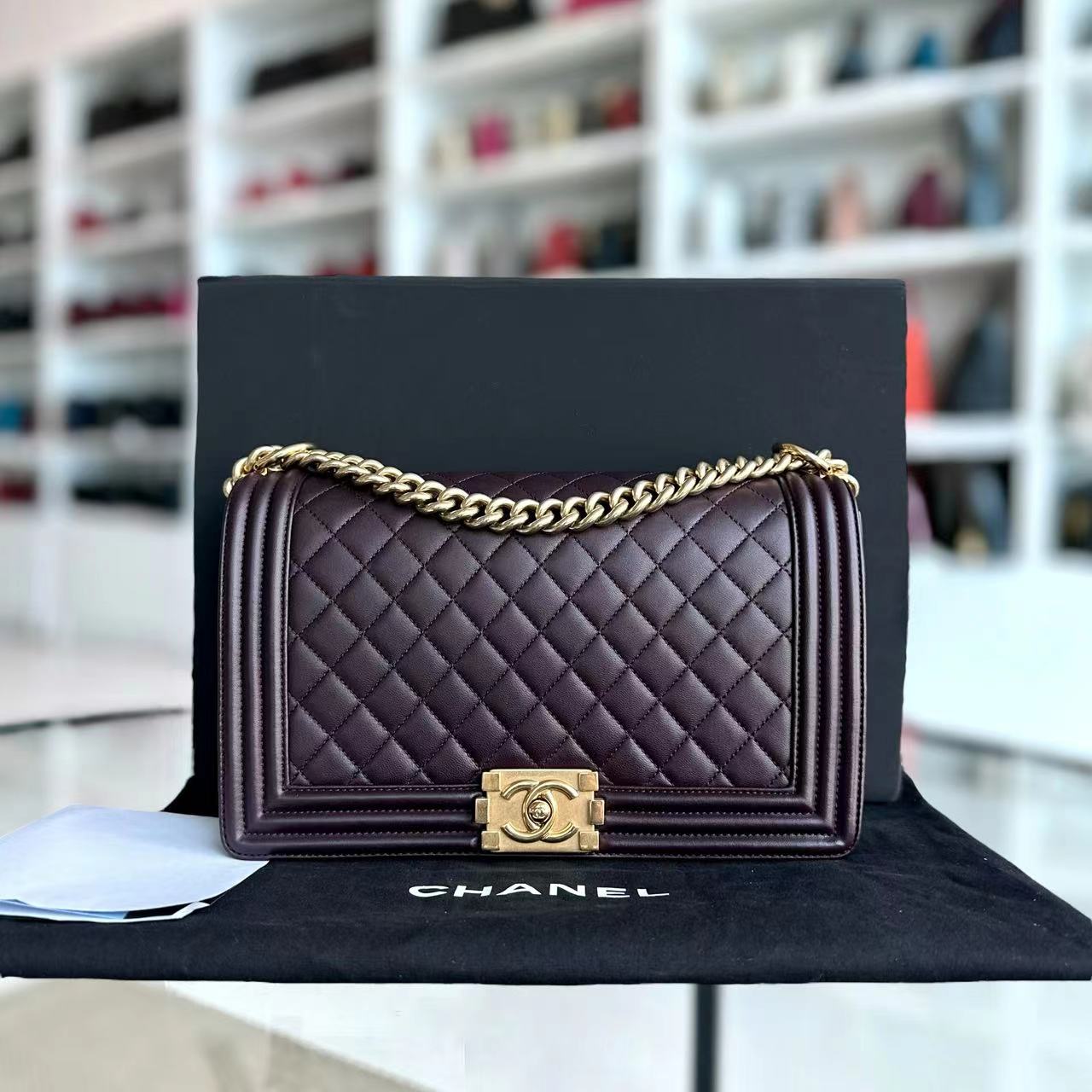 Boy New Medium 28CM Quilted Lambskin Dark Purple Burgundy Golden Hardware Series 23