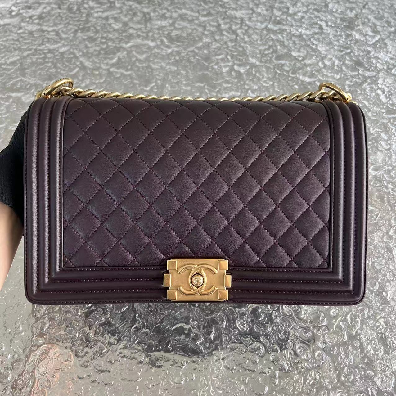 Boy New Medium 28CM Quilted Lambskin Dark Purple Burgundy Golden Hardware Series 23