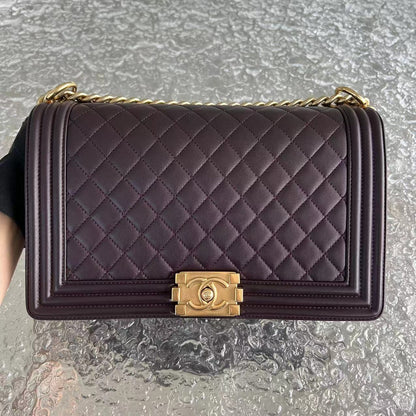 Boy New Medium 28CM Quilted Lambskin Dark Purple Burgundy Golden Hardware Series 23