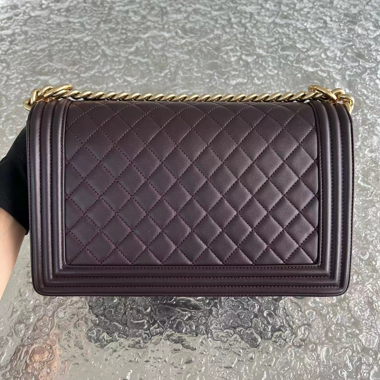 Boy New Medium 28CM Quilted Lambskin Dark Purple Burgundy Golden Hardware Series 23
