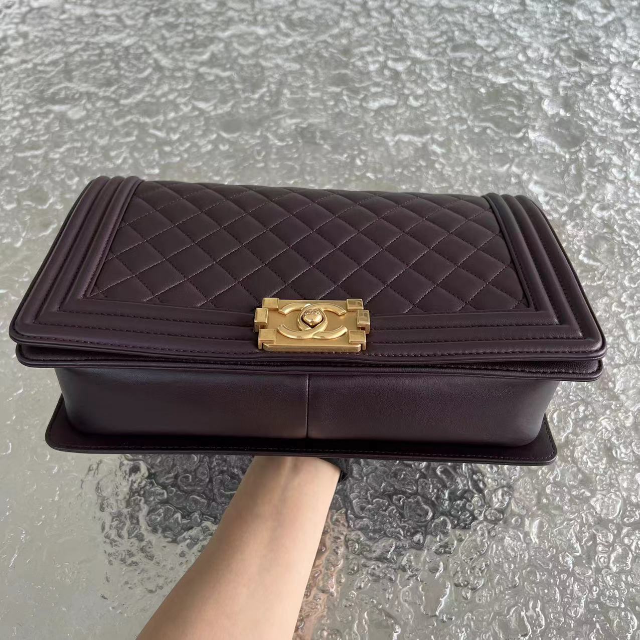 Boy New Medium 28CM Quilted Lambskin Dark Purple Burgundy Golden Hardware Series 23