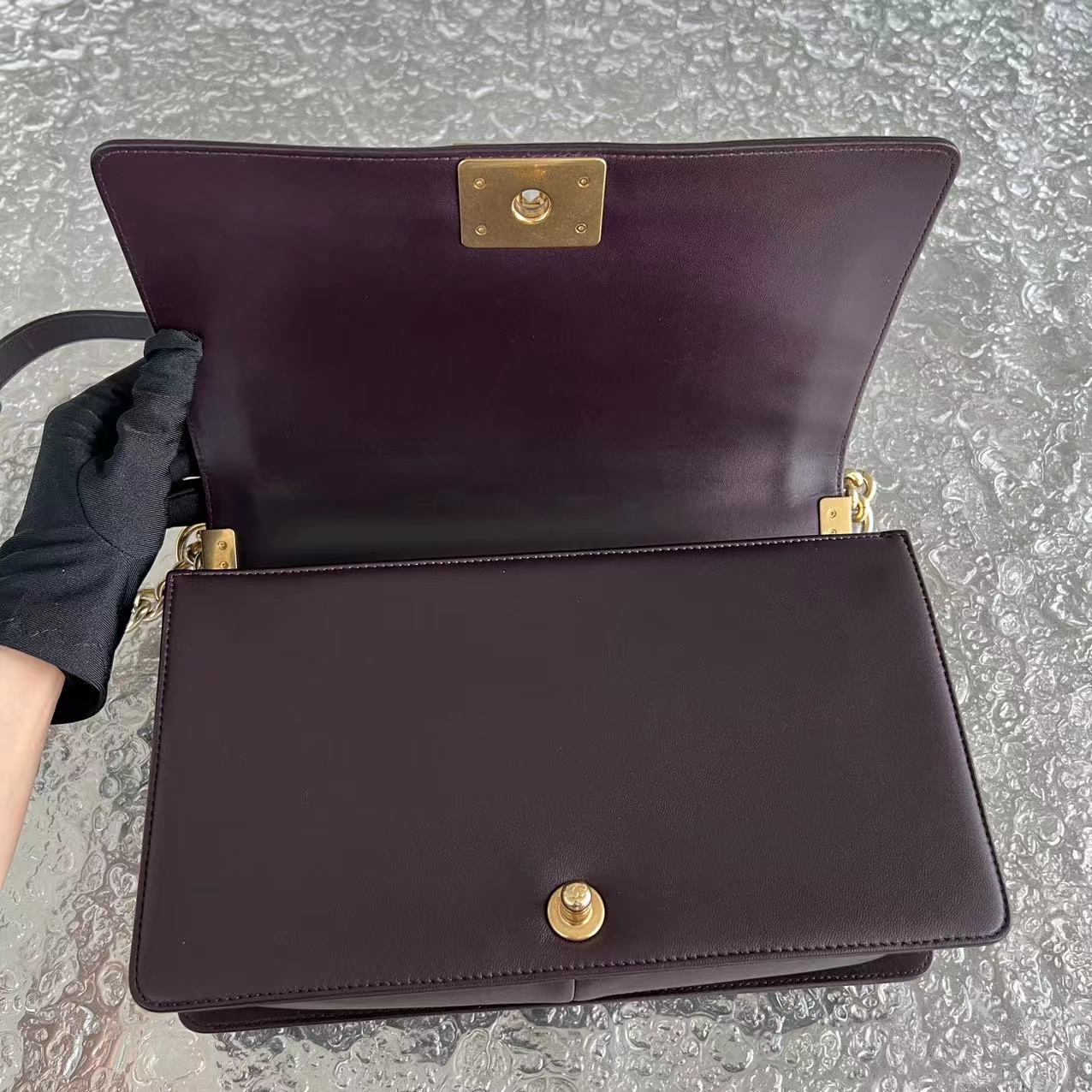 Boy New Medium 28CM Quilted Lambskin Dark Purple Burgundy Golden Hardware Series 23