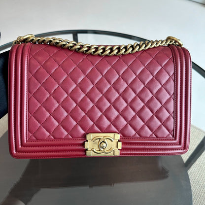 Boy New Medium 28CM Quilted Lambskin Leboy Burgundy GHW No 19