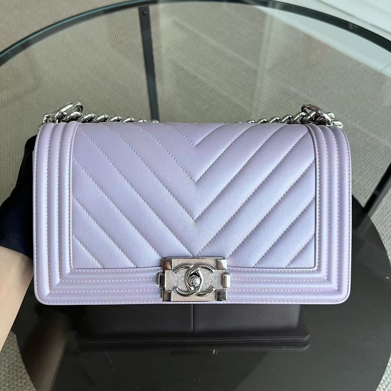 Boy Old Medium 25CM Chevron Calfskin Iridescent Pink Light Golden Hardware Series 25