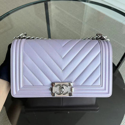 Boy Old Medium 25CM Chevron Calfskin Iridescent Pink Light Golden Hardware Series 25