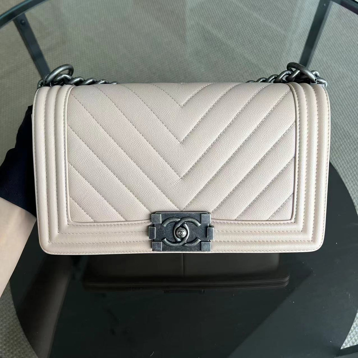 Boy Old Medium 25CM Chevron Light Pink Nude Leboy Silver Hardware Series 24