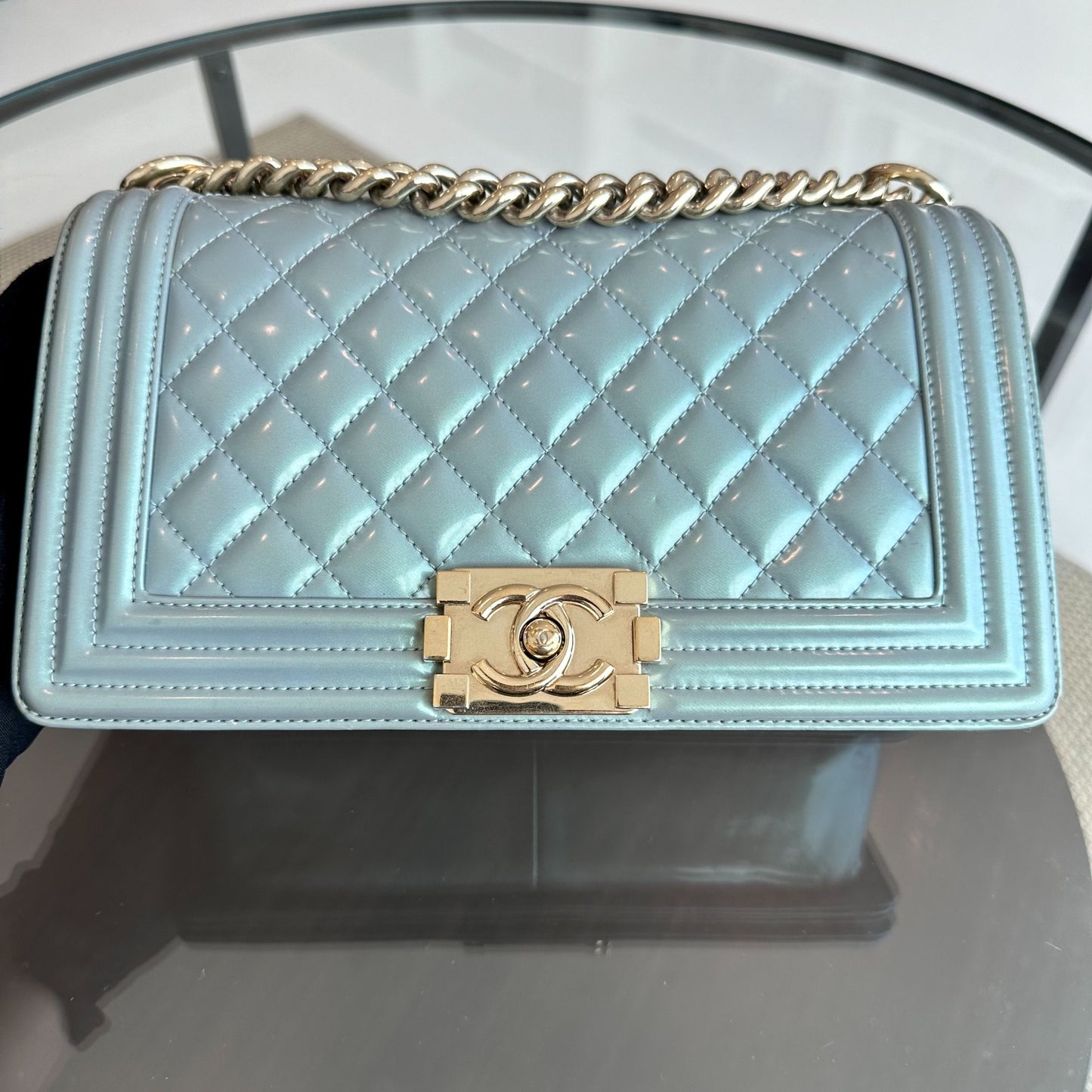 Boy Old Medium 25CM Iridescent Calfskin Leboy Light Blue GHW No 22