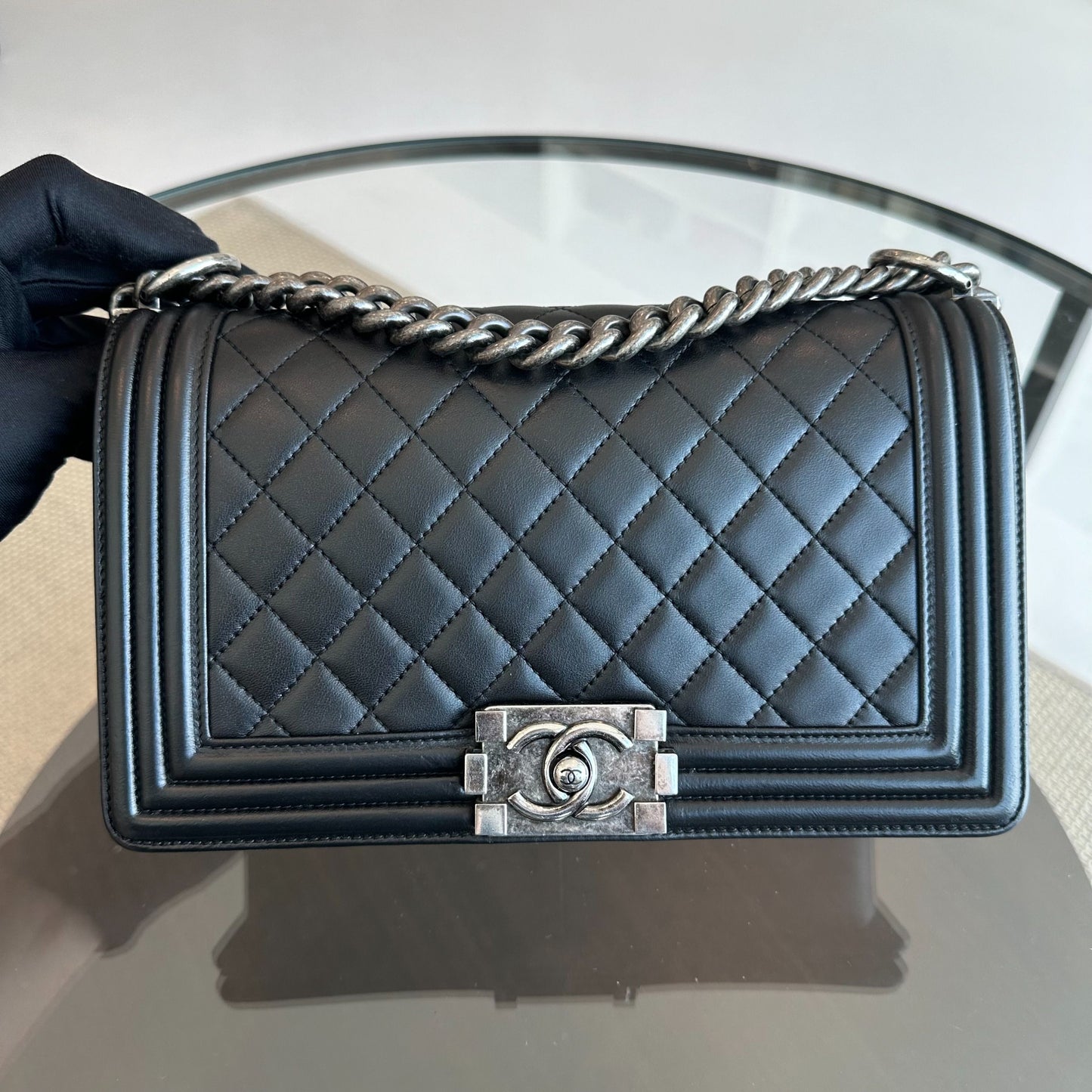 Boy Old Medium 25CM Lambskin Quilted Leboy Black RSHW No 23