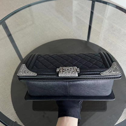 Chanel Boy Medium - 25CM Paris-Dallas Metal Edge Grained Calfskin Black Silver Hardware Series 19