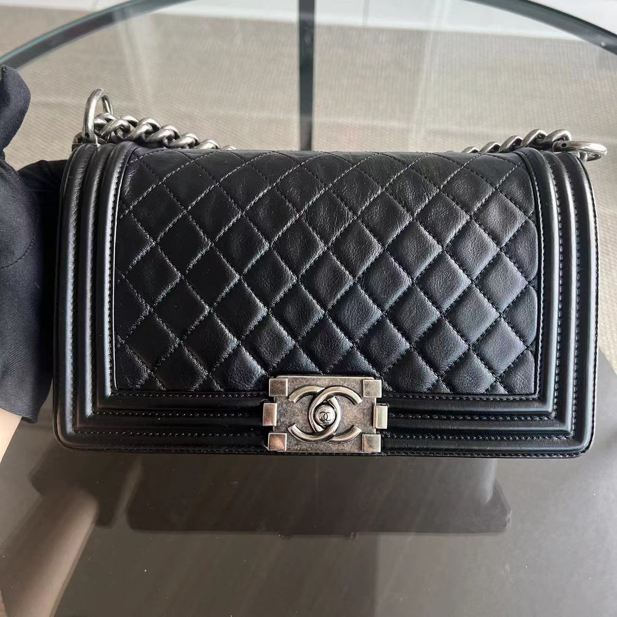 Boy Old Medium 25CM Quilted Calfskin Black Leboy Silver Hardware Series 17