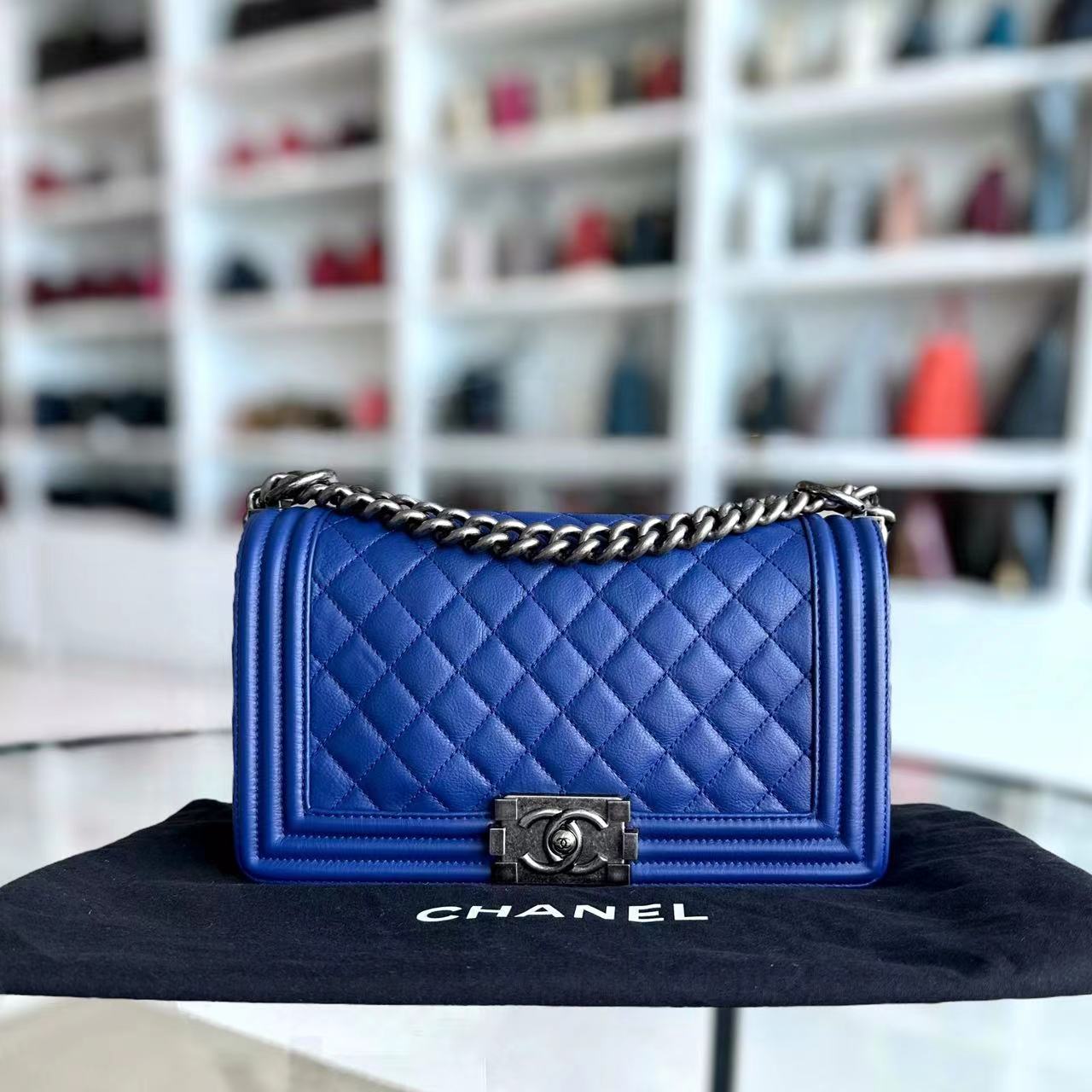 Boy Old Medium 25CM Quilted Calfskin Blue Leboy Silver Hardware Series 18