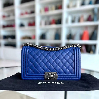 Boy Old Medium 25CM Quilted Calfskin Blue Leboy Silver Hardware Series 18