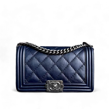 Chanel Boy Old Medium 25CM Quilted Calfskin Dark Blue RSHW No 19