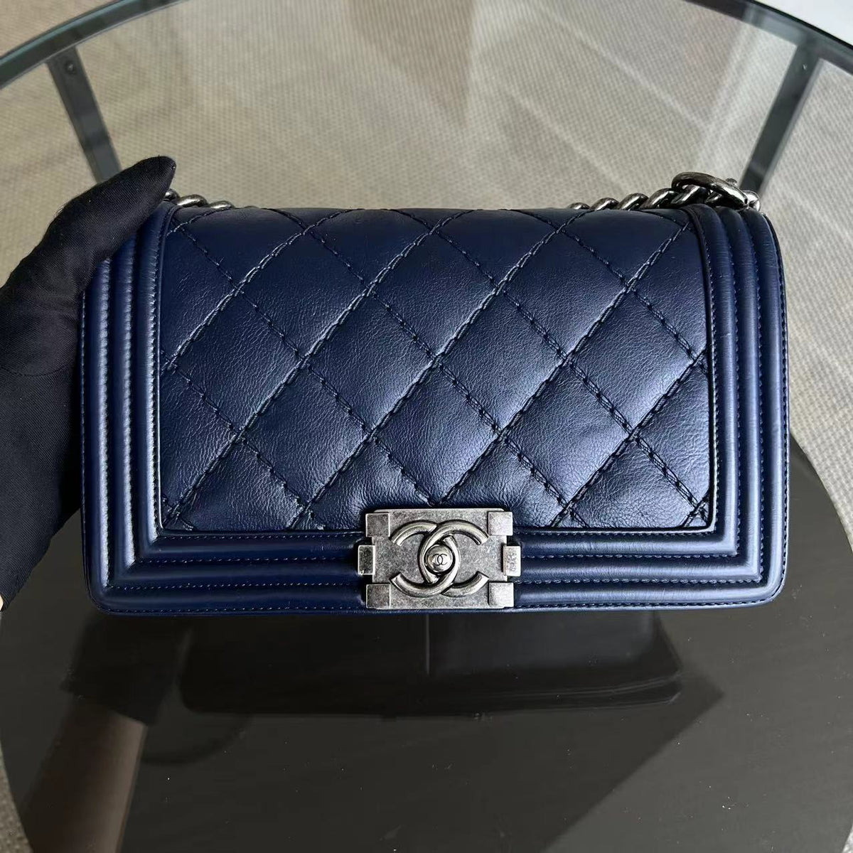 Chanel Boy Old Medium 25CM Quilted Calfskin Dark Blue RSHW No 19
