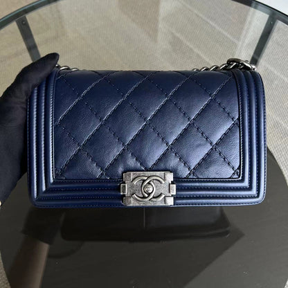 Chanel Boy Old Medium 25CM Quilted Calfskin Dark Blue RSHW No 19