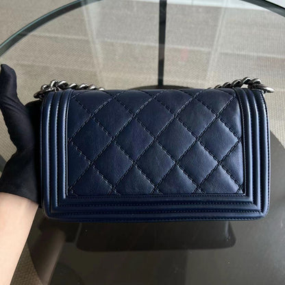 Chanel Boy Old Medium 25CM Quilted Calfskin Dark Blue RSHW No 19