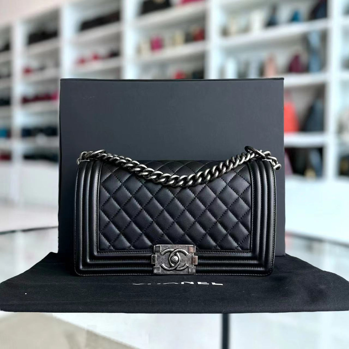 Chanel Boy Old Medium 25CM Quilted Lambskin Black Leboy Ruthenium Silver Hardware