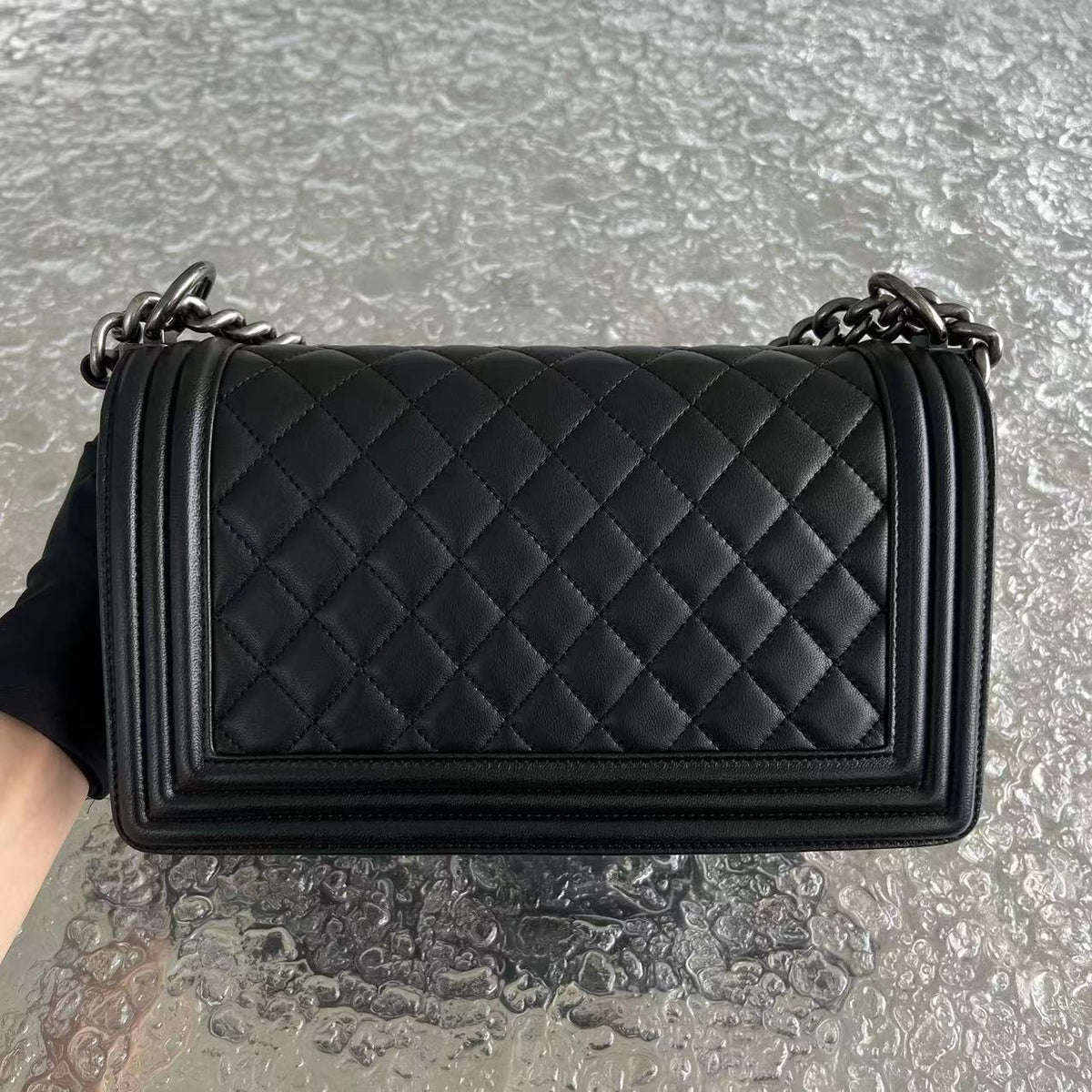 Chanel Boy Old Medium 25CM Quilted Lambskin Black Leboy Ruthenium Silver Hardware