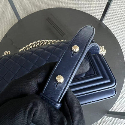Boy Old Medium 25CM Quilted Lambskin Dark Blue Leboy Golden Hardware Series 22