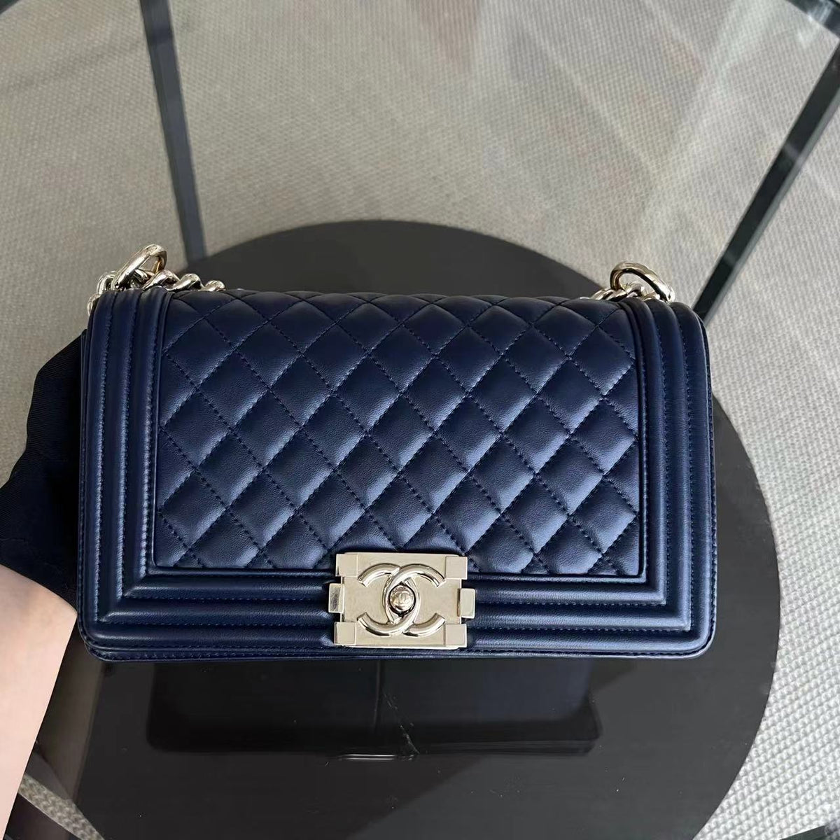 Boy Old Medium 25CM Quilted Lambskin Dark Blue Leboy Golden Hardware Series 22