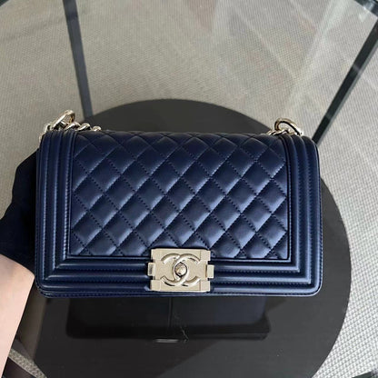 Boy Old Medium 25CM Quilted Lambskin Dark Blue Leboy Golden Hardware Series 22