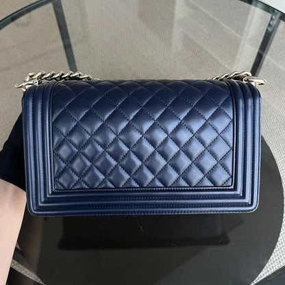 Boy Old Medium 25CM Quilted Lambskin Dark Blue Leboy Golden Hardware Series 22