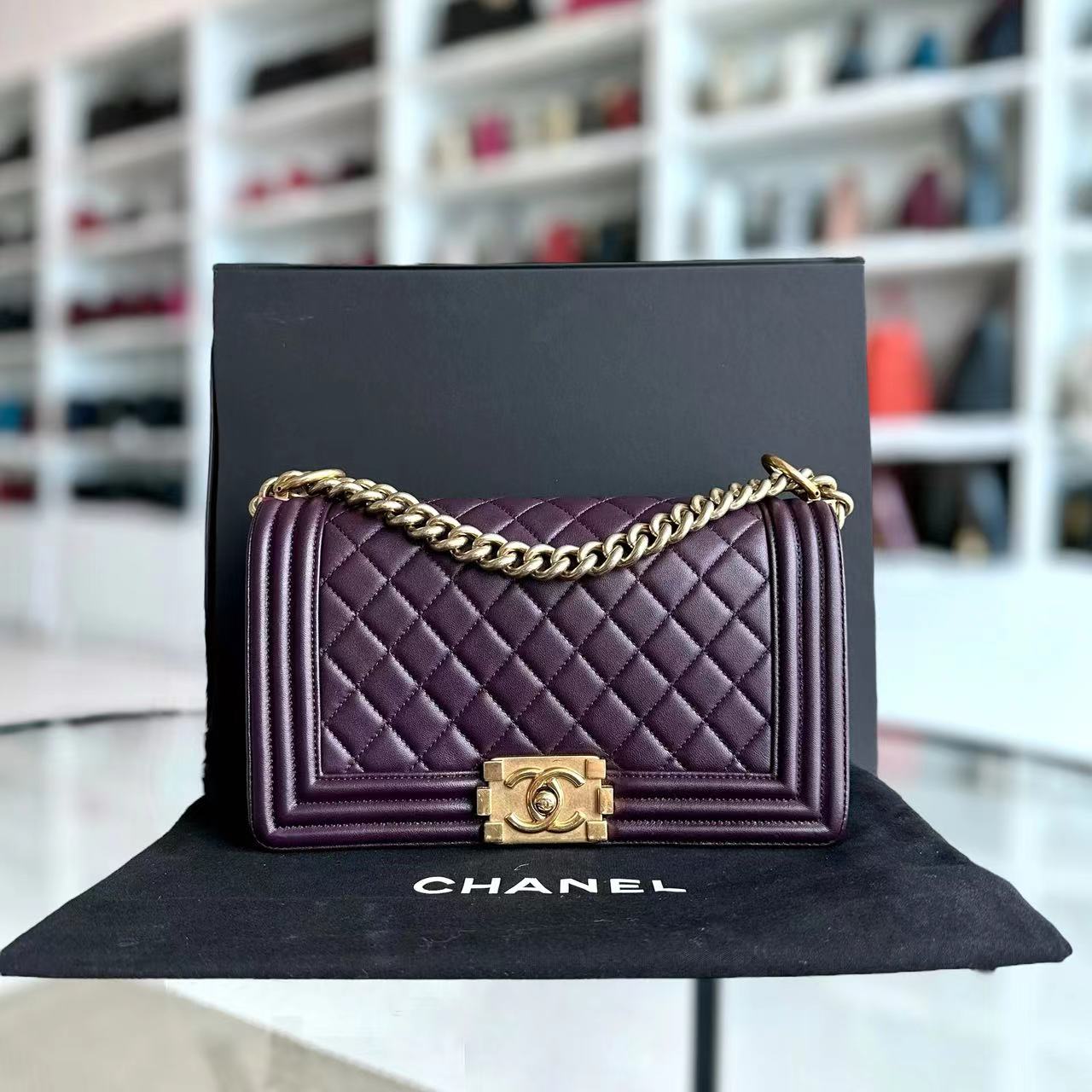 Boy Old Medium 25CM Quilted Lambskin Dark Purple Violet Leboy Golden Hardware Series 23