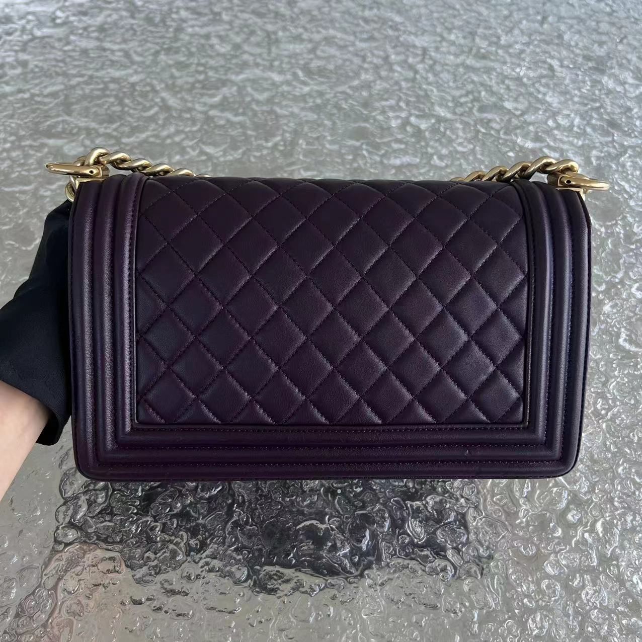 Boy Old Medium 25CM Quilted Lambskin Dark Purple Violet Leboy Golden Hardware Series 23