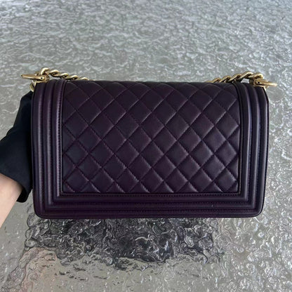 Boy Old Medium 25CM Quilted Lambskin Dark Purple Violet Leboy Golden Hardware Series 23