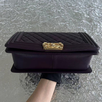Boy Old Medium 25CM Quilted Lambskin Dark Purple Violet Leboy Golden Hardware Series 23