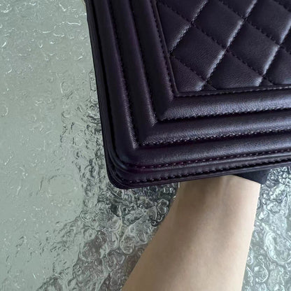 Boy Old Medium 25CM Quilted Lambskin Dark Purple Violet Leboy Golden Hardware Series 23