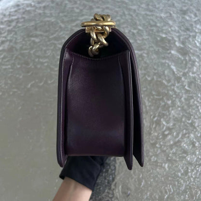 Boy Old Medium 25CM Quilted Lambskin Dark Purple Violet Leboy Golden Hardware Series 23