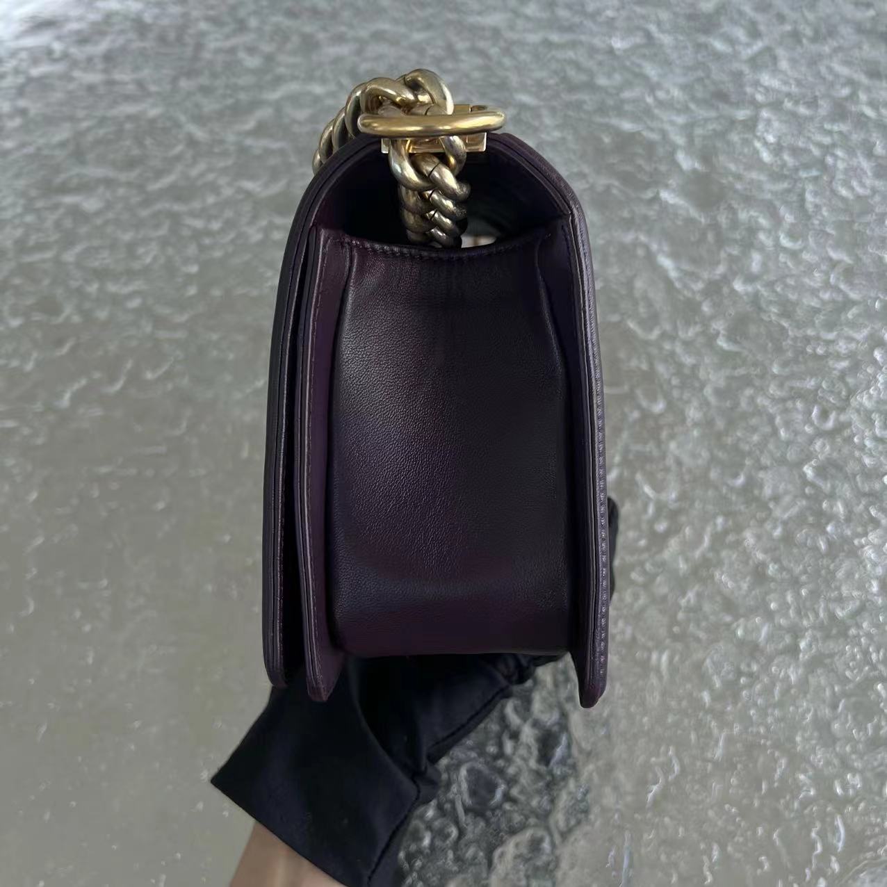 Boy Old Medium 25CM Quilted Lambskin Dark Purple Violet Leboy Golden Hardware Series 23