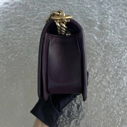 Boy Old Medium 25CM Quilted Lambskin Dark Purple Violet Leboy Golden Hardware Series 23