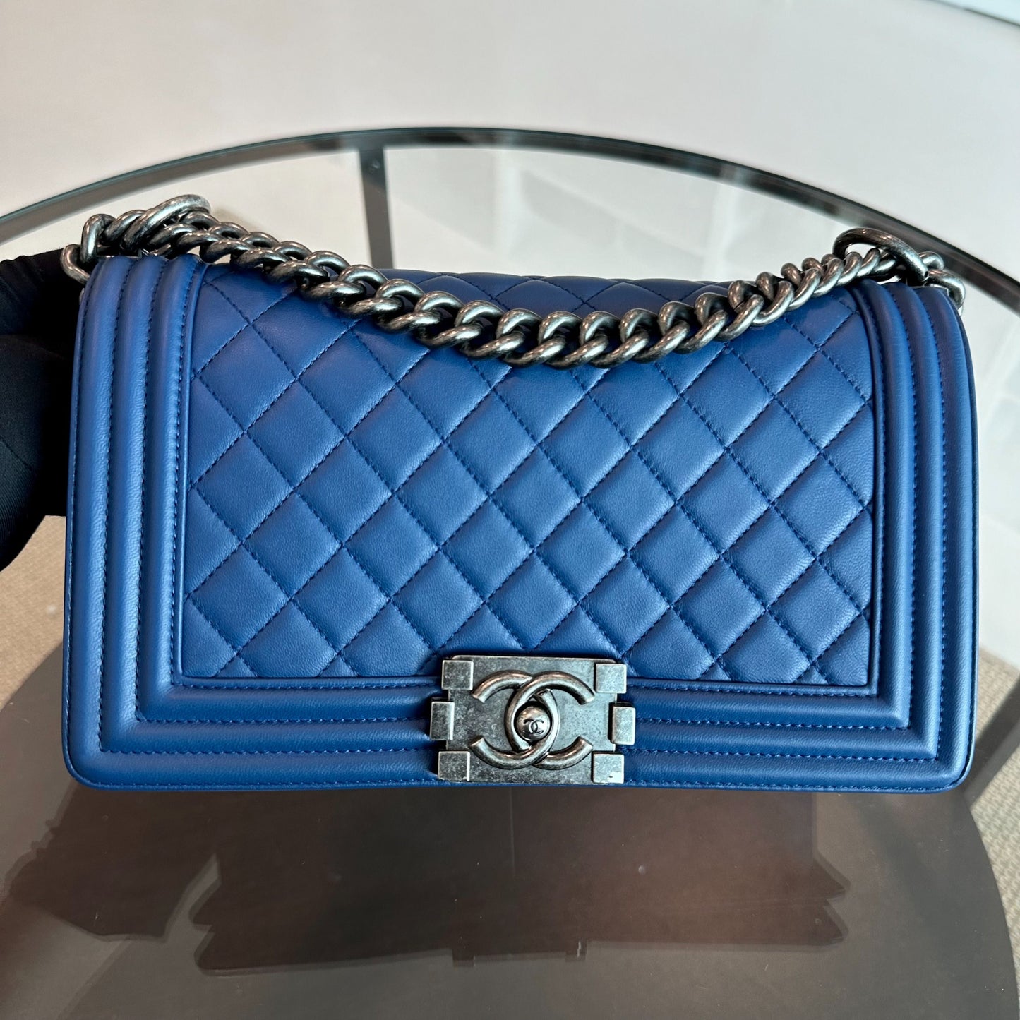 Boy Old Medium 25CM Quilted Lambskin Leboy Dark Blue RSHW No 23
