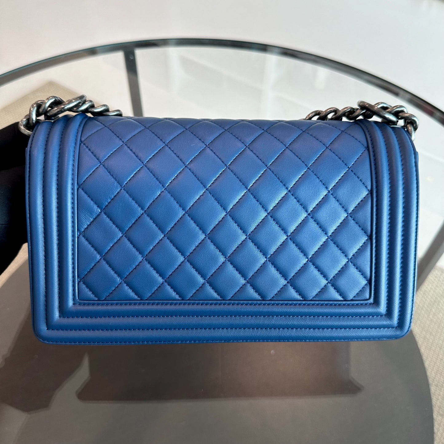 Boy Old Medium 25CM Quilted Lambskin Leboy Dark Blue RSHW No 23