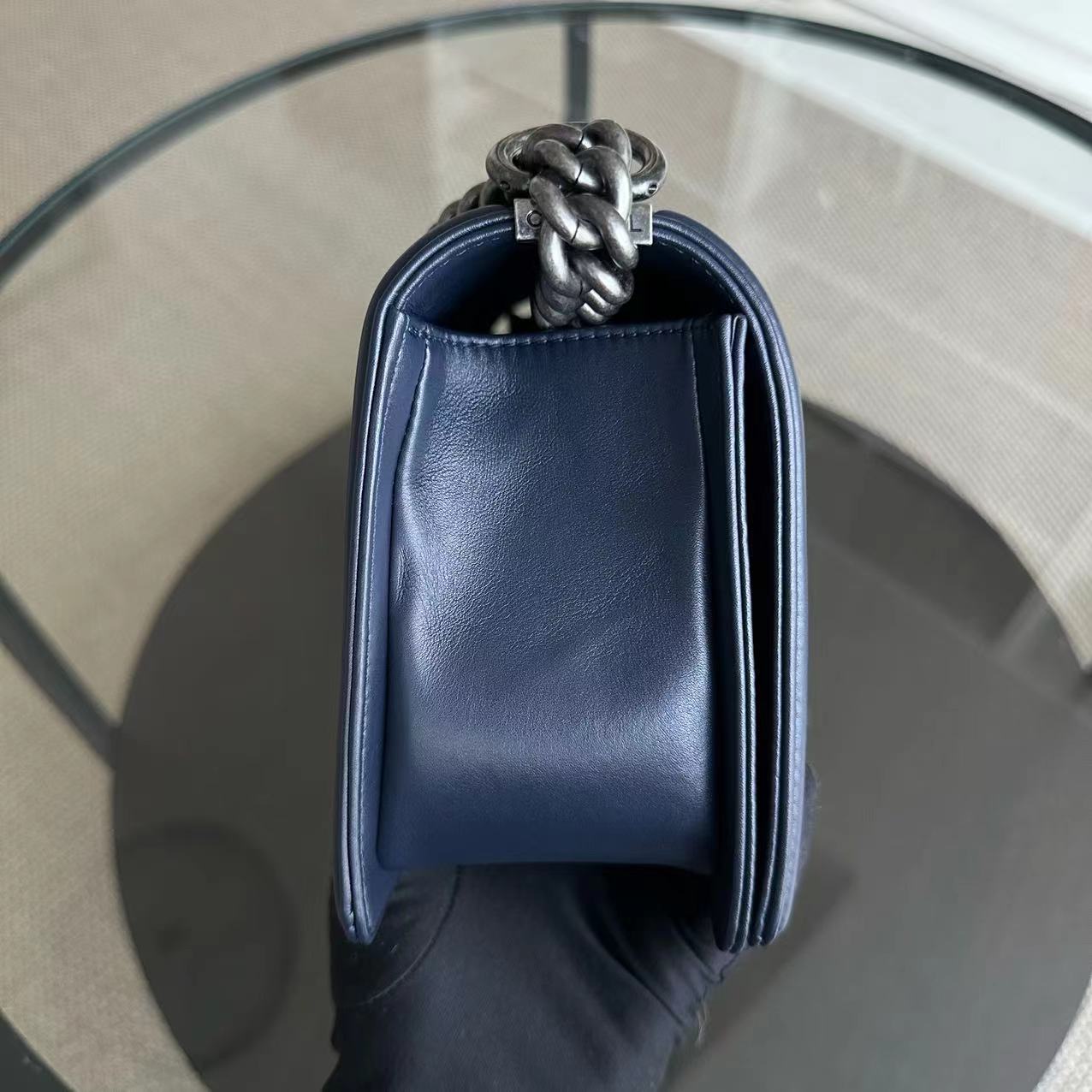 Boy Old Medium 25CM Quilted Lambskin Leboy Navy Blue RSHW No 19