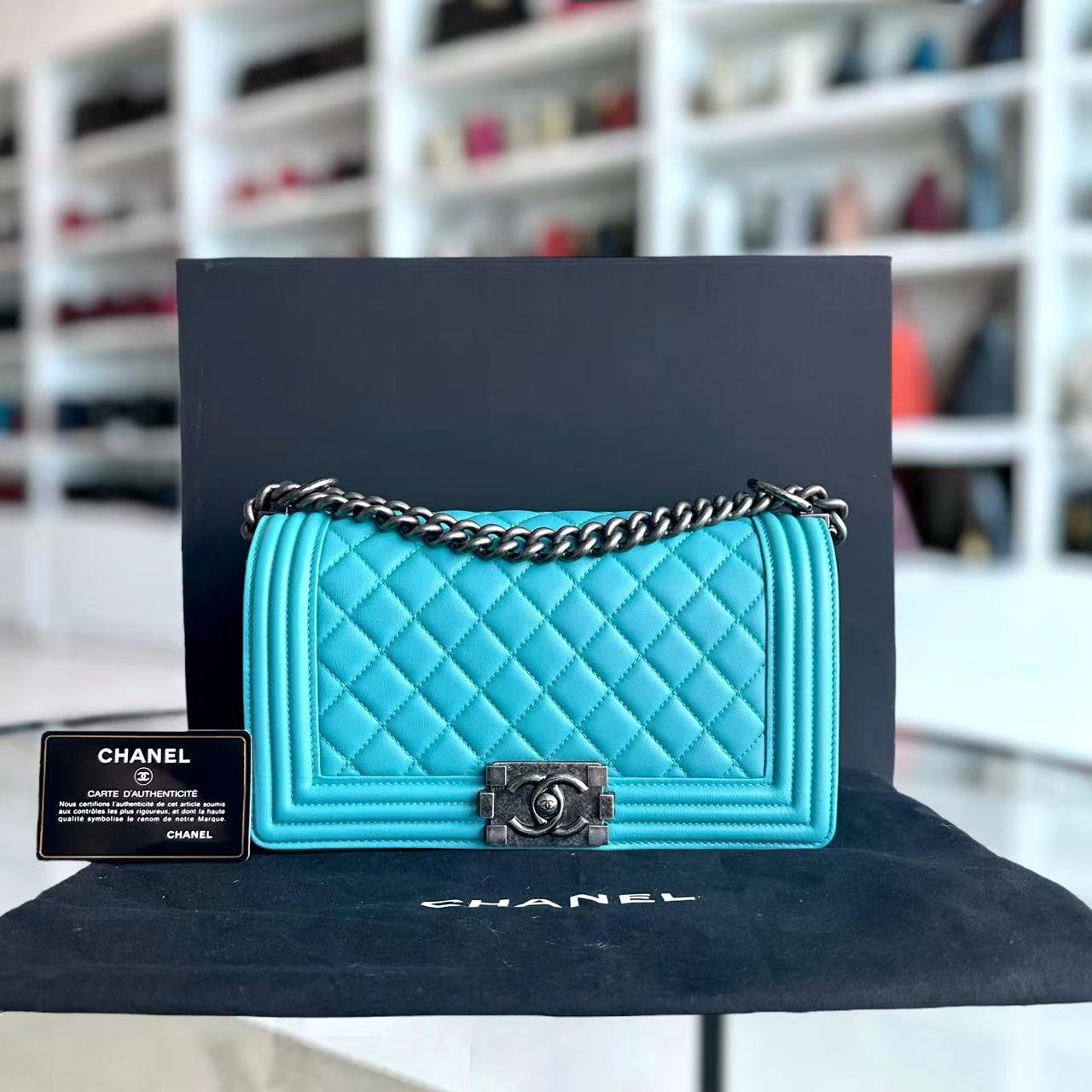 Boy Old Medium 25CM Quilted Lambskin Tiffany Blue Leboy Ruthenium Silver Hardware Series 19