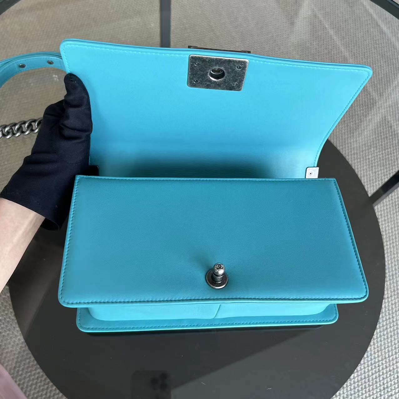 Boy Old Medium 25CM Quilted Lambskin Tiffany Blue Leboy Ruthenium Silver Hardware Series 19