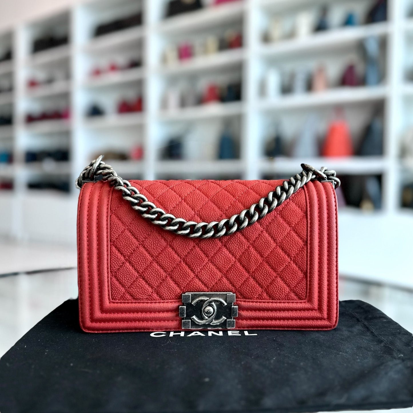 Boy Old Medium 25CM Quilted Suede Caviar Calfskin Leboy Red RSHW No 18