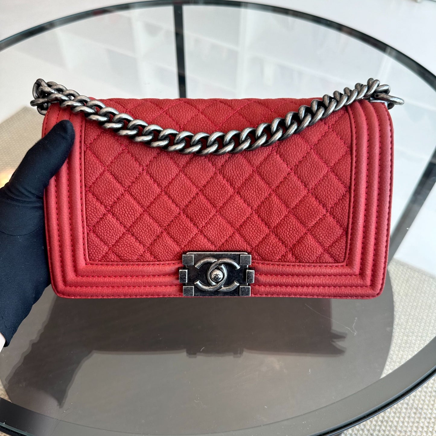 Boy Old Medium 25CM Quilted Suede Caviar Calfskin Leboy Red RSHW No 18
