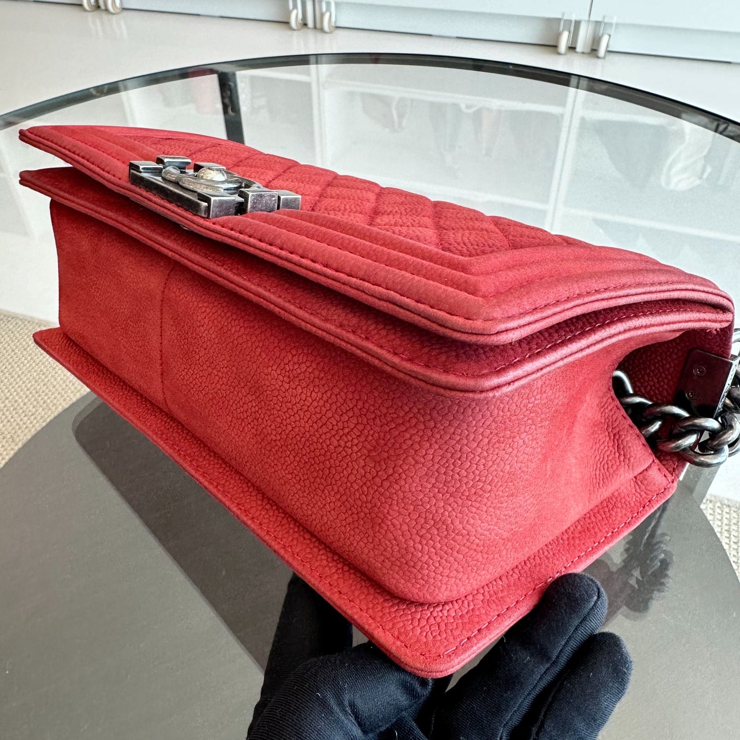 Boy Old Medium 25CM Quilted Suede Caviar Calfskin Leboy Red RSHW No 18