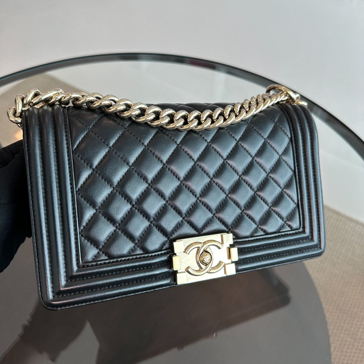 Boy Old Medium Lambskin 25CM Quilted Leboy Black LGHW No 22